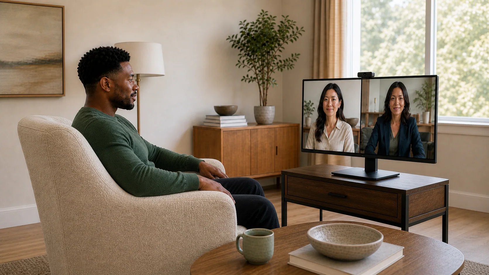 A participant taking part in a remote family mediation session